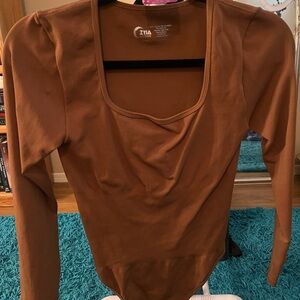 Zyia Active Women's Cocoa Bown Long Sleeve Ribbed Thong Bodysuit